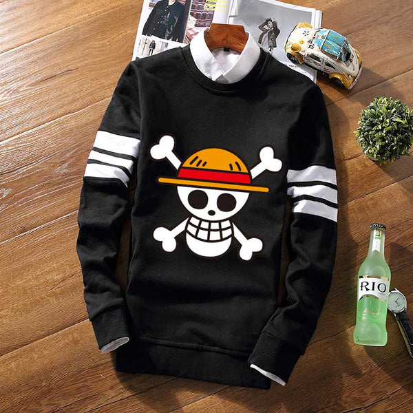 Striped Pullover Fleece Sweatshirt One Piece Fleece Luffy Law Whitebeard Pirate Skull Casual Jersey Long Sleeve Sweat Shirt Coat - one-piece-stores